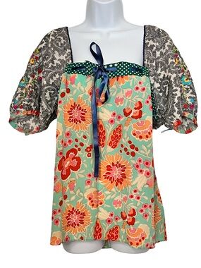 Floral Square-Neck Puff Sleeve Top - Aqua Multicolor